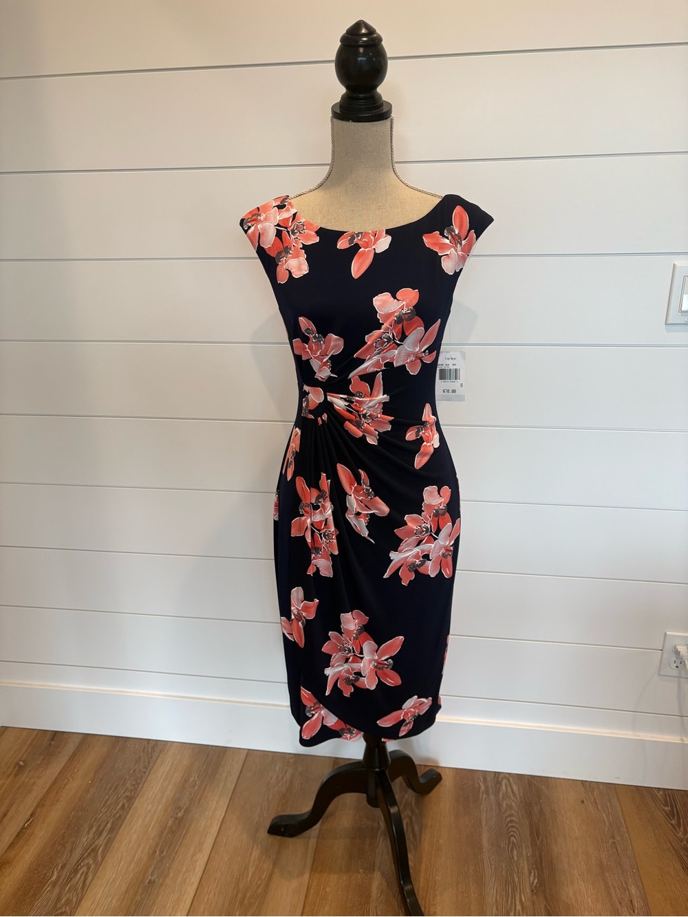 NWT Women's Sleeveless Navy And Pink Floral Sheath/ Faux Wrap Dress Size 6
